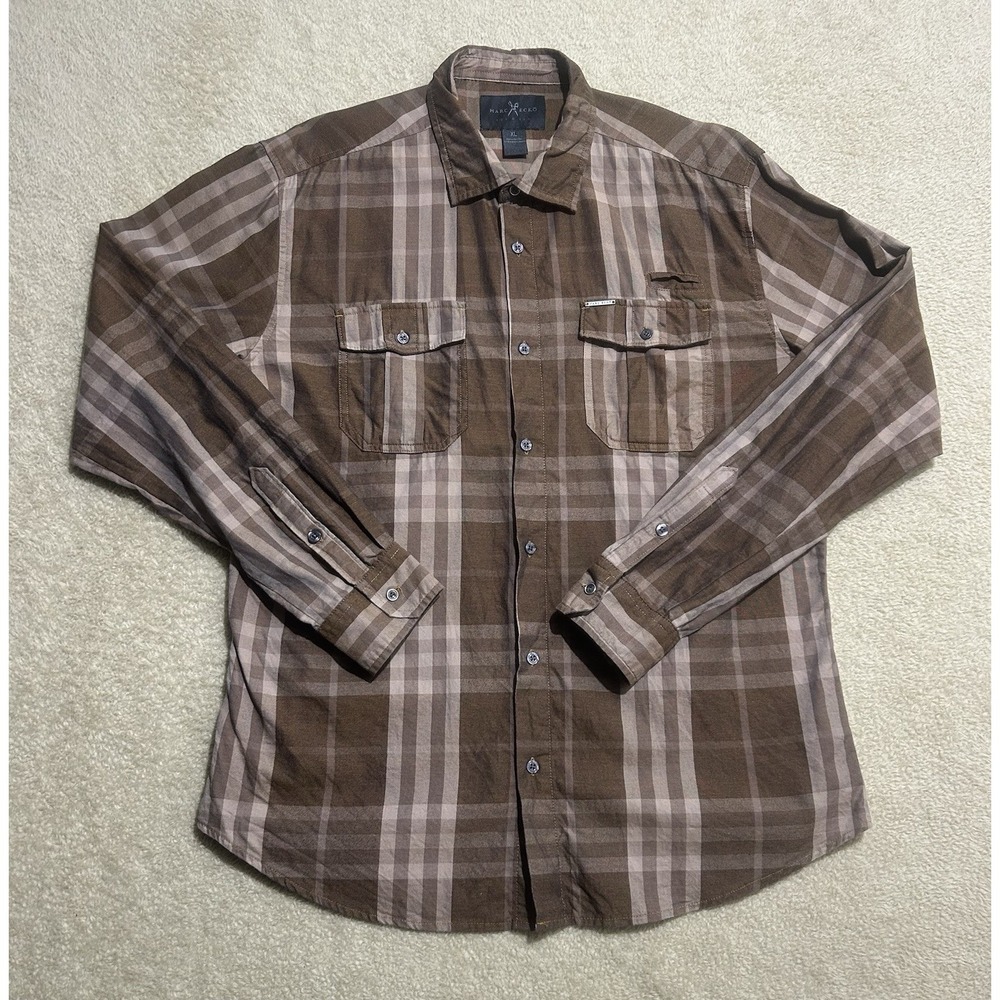 MENS MARC ECKO‎ XL LONG SLEEVE BROWN PLAID SHIRT CASUAL NIGHT LIFE